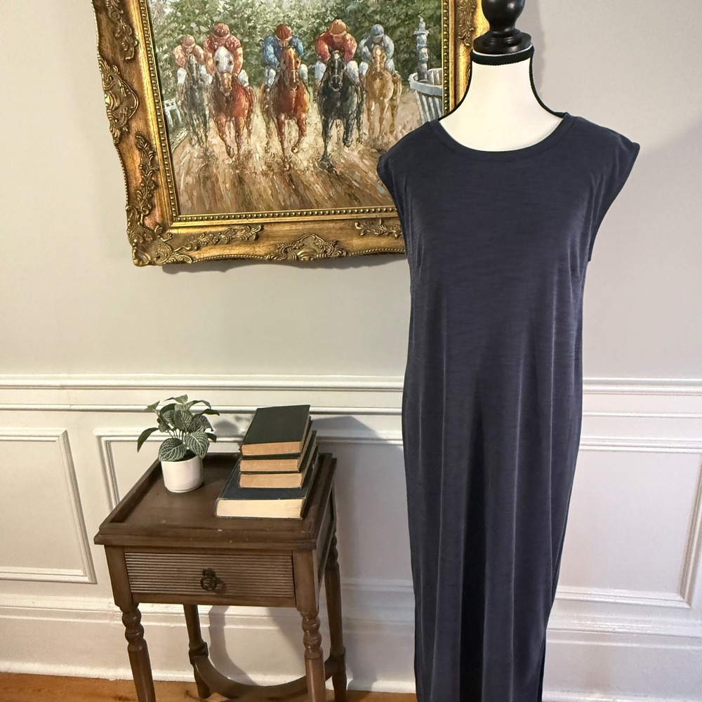 Nicole Miller Dress Women Blue Sleeveless Slub Knit Maxi Crew Neck | M - Picture 1 of 6